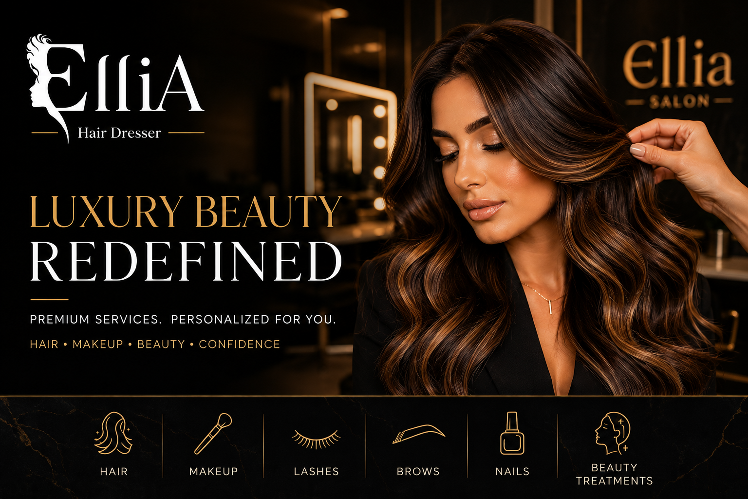 Luxury beauty salon featured image for Ellia Salon showcasing glamorous styled hair, premium beauty services, elegant black and gold branding, and a luxury salon atmosphere in Cairo.