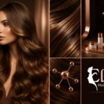 A woman with healthy, glowing brown hair next to premium hair repair products, molecular bonding graphics, and the Ellia Salon logo.