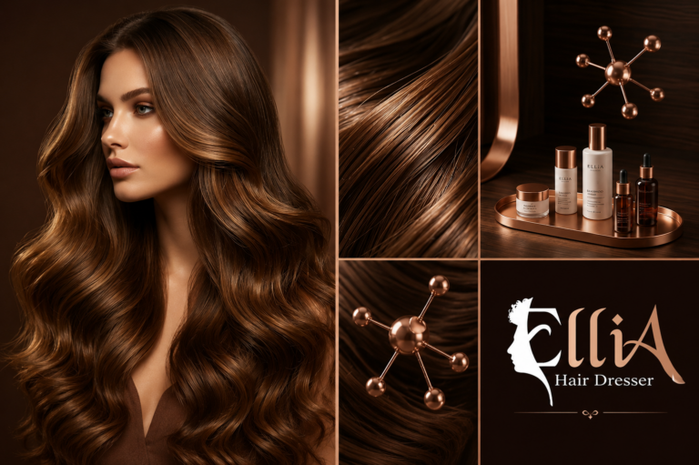 A woman with healthy, glowing brown hair next to premium hair repair products, molecular bonding graphics, and the Ellia Salon logo.