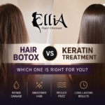 Comparison of Hair Botox and Keratin treatments showing frizzy hair versus smooth shiny hair at Ellia Beauty Salon in Cairo.
