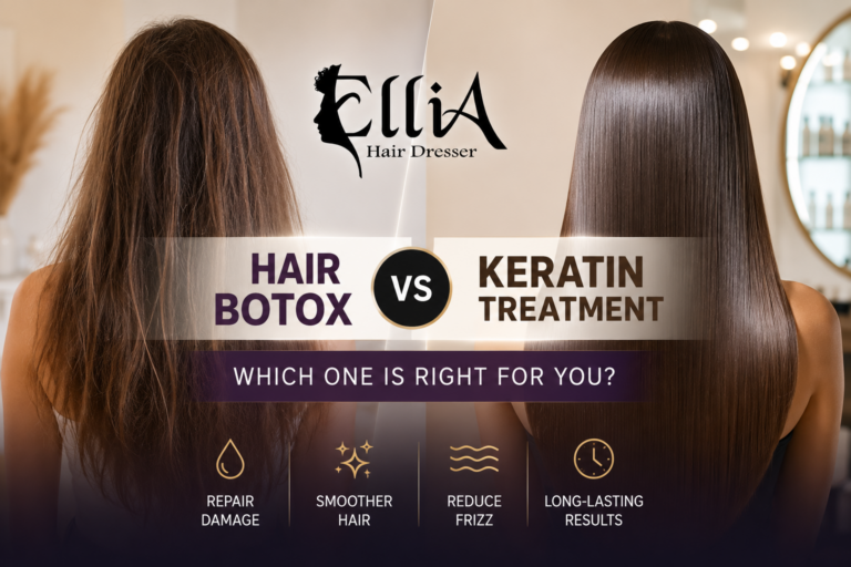 Comparison of Hair Botox and Keratin treatments showing frizzy hair versus smooth shiny hair at Ellia Beauty Salon in Cairo.